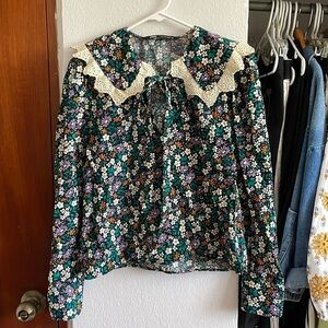 Zara Floral Collared Eyelet Blouse Top Size M Medium Peter Pan Collar